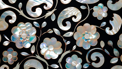 Korean mother-of-pearl patterns. Korean Lacquerware Pattern Design, featuring intricate Mother-of-Pearl Inlay on a rich black Lacquer background, crafted by traditional Korean Najeonchilgi artists