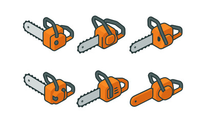 Fototapeta premium Isometric chainsaw collection: diverse designs in bold orange and gray