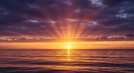 Obraz premium Dramatic sunset over ocean horizon with vibrant colors and radiant sunlight