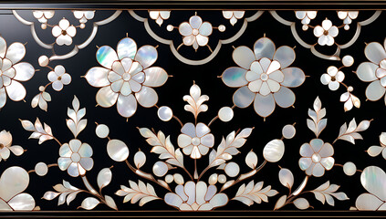 Korean mother-of-pearl patterns. Korean Lacquerware Pattern Design, featuring intricate Mother-of-Pearl Inlay on a rich black Lacquer background, crafted by traditional Korean Najeonchilgi artists