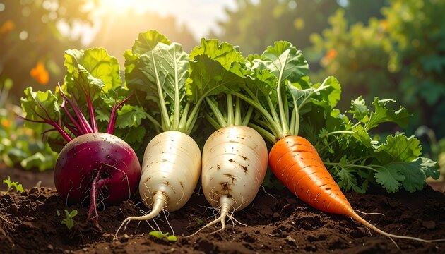 Freshly Harvested Vegetables: Beets, Radishes, and Carrots in a Garden