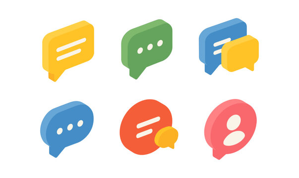 Colorful isometric speech bubbles and chat icons on white background