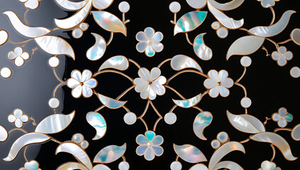 Korean mother-of-pearl patterns. Korean Lacquerware Pattern Design, featuring intricate Mother-of-Pearl Inlay on a rich black Lacquer background, crafted by traditional Korean Najeonchilgi artists