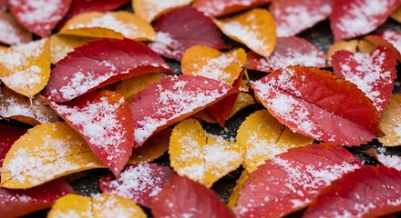 Close up of vibrant autumn leaves with snow creating a textured background