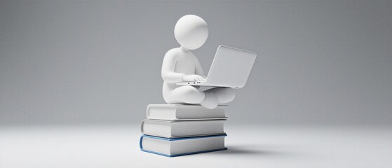 3d rendered person sitting on books and using a laptop for learning and studying | education, business, technology, learning, online theme