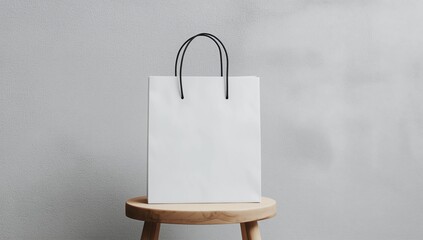 Mock-up of blank package, mockup of white paper shopping bag with handles on wooden chair on the white background, empty area with copy space for your logo or design