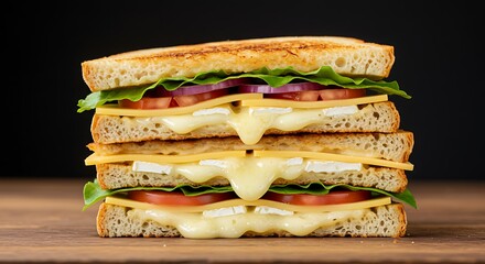 Delicious sandwich with cheese tomato onion and lettuce on wooden table
