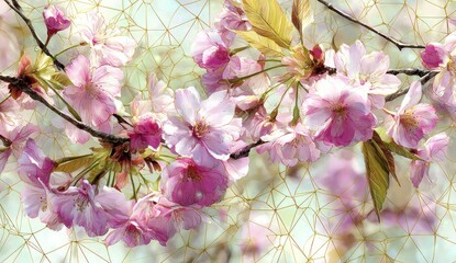 Delicate pink cherry blossoms bloom against a soft, geometric backdrop, showcasing a vibrant spring scene.