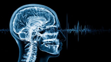 Brain scan with sound wave patterns depicting neural activity and cognitive technology concepts