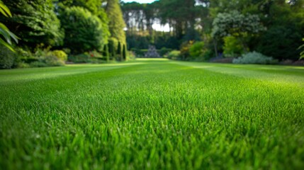 Fototapeta premium Beautifully manicured green lawn in serene garden setting - ideal for landscaping inspiration and outdoor relaxation