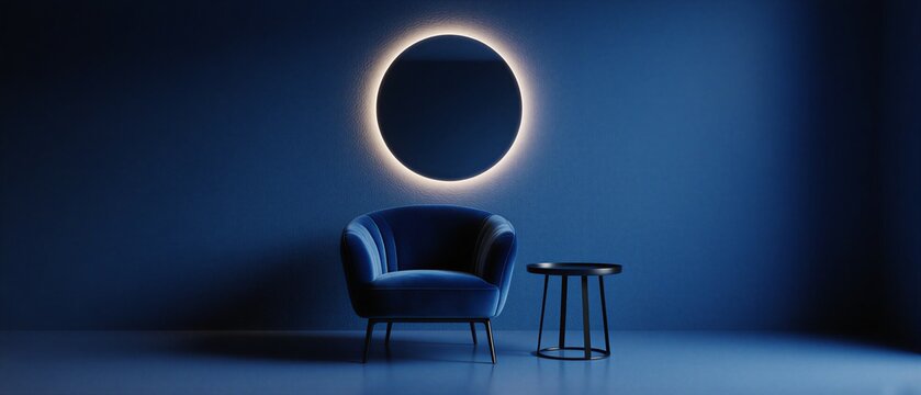 modern blue armchair in a minimalist interior with soft, ambient lighting | home decor, furniture, architecture, interior design, relaxation theme