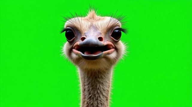 Charming young ostrich with big expressive eyes gazes curiously at the camera on a vibrant green screen, ideal for dynamic video projects