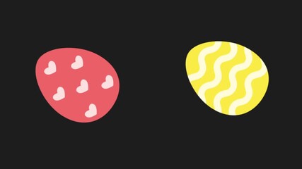 Animated Easter eggs move playfully on a dark background. Each egg features a unique design: wavy yellow lines, blue polka dots, and red hearts. - Powered by Adobe