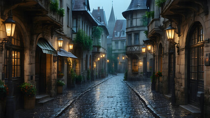 Obraz premium Misty Nights in a Quaint European Alley