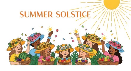 Naklejka premium Summer solstice celebration with colorful cartoon sun, flowers and tropical joy, isolated on white.