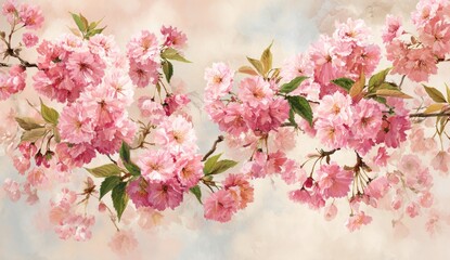 A delicate arrangement of blossoming cherry blossoms in soft pinks and muted beige tones, creating a serene and springtime mood.