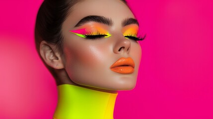 Vibrant neon makeup art on model with pink background for fashion, cosmetics and beauty concepts