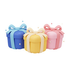 3d illustration of three colorful gift boxes with ribbons isolated on transparent background, perfect for birthdays, holidays, and special occasions, adding a touch of joy