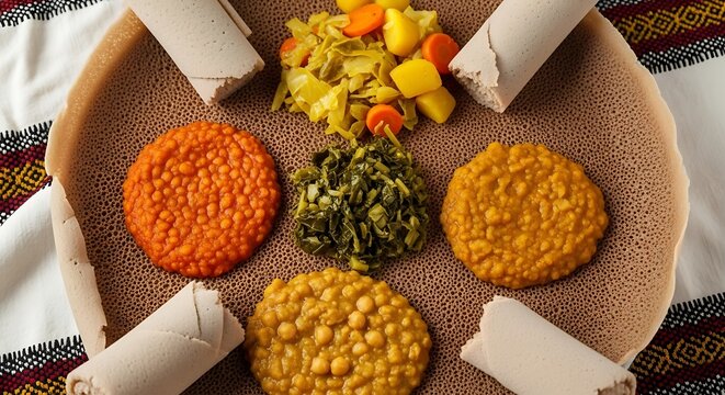 Traditional Ethiopian cuisine with injera bread and colorful vegetable stews