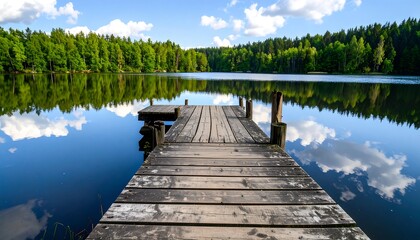 Obraz premium Tranquil lake with wooden dock