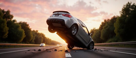 upside down vehicle on highway after traffic collision, road accident | transportation, safety, accident, insurance, driving theme
