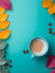 Colorful Leaves Flat Lay with Coffee Cup on Teal Background