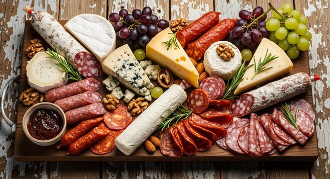 Delicious charcuterie board filled with cheeses, meats, fruits, and nuts - Powered by Adobe