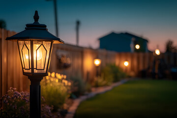 Warm garden lantern illuminates peaceful backyard at twilight