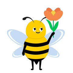 A delightful illustration of a cute bee joyfully presenting a vibrant orange flower, embodying the essence of spring and nature's charm with a friendly smile