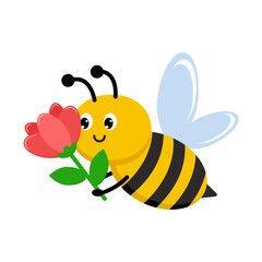 Cute Bee with Flower Whimsical Cartoon Illustration of a Bee Holding a Red Flower