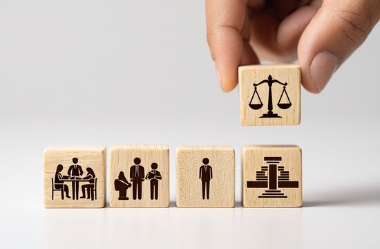 Wooden blocks with legal icons being arranged. A hand places a block featuring scales of justice on a row of blocks depicting different legal scenarios