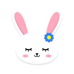Adorable illustration of a cute bunny face with pink ears, closed eyes, and a blue flower accent, perfect for Easter and spring themes