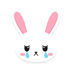A charmingly sad cute bunny character icon, featuring large pink ears and tearful eyes, portraying heartfelt emotion in a simple, graphic design style on a white background