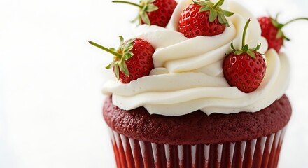 Decadent Red Velvet Cupcake Crowned with Creamy Frosting and Fresh Strawberries
