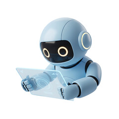 3d illustration of modern blue robot using a transparent tablet isolated on transparent background, showcasing advanced technology and artificial intelligence