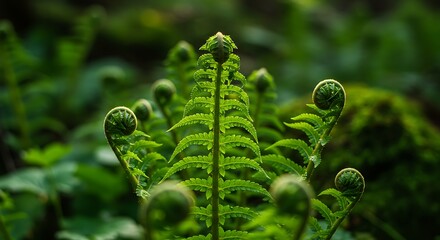 Close up of vibrant green fern leaves with detailed texture against blurred background