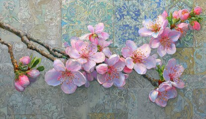 Delicate blossoms of a peach tree branch, vibrant with pastel pink hues, bloom against a backdrop of intricate, patterned tiles.