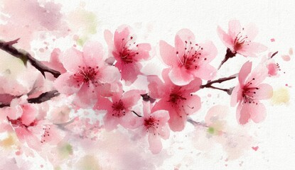 Delicate watercolor blossoms in soft pinks and whites, beautifully depicting a branch laden with cherry blossoms, highlighting the painterly texture and soft tones.