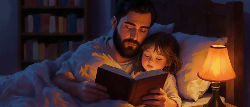 father reading a bedtime story to child, warm light filling a cozy and peaceful bedroom setting | family, children, night, comfort, love theme - Powered by Adobe