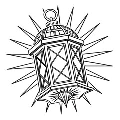 An antique style lantern with a glowing effect and radiating lines presented as a clean black and white illustration