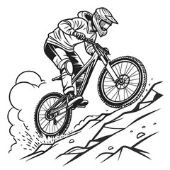 Naklejka premium Dynamic black and white illustration of a downhill mountain biker skillfully navigating a steep rocky terrain with speed and agility