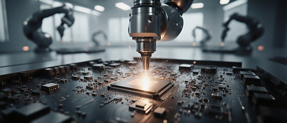 robotic arm precisely soldering a microchip on a circuit board in a factory | technology, industry, manufacturing, engineering, automation theme
