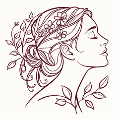 Elegant profile of a woman with flowing hair adorned with delicate flowers and leaves in a minimalist line art style