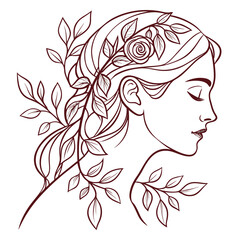 Elegant profile of a woman with her hair intertwined with delicate branches and blooming roses in a minimalist line art style