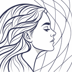 Elegant woman profile silhouette with flowing hair and abstract geometric background lines