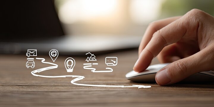 Hand using computer mouse over a digital map with various icons