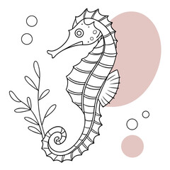 Minimalist outline drawing of a seahorse with soft pink circles and bubbles on a white background