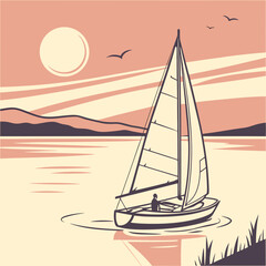Serene sailboat gliding on calm water under a warm sun with distant mountains and birds flying