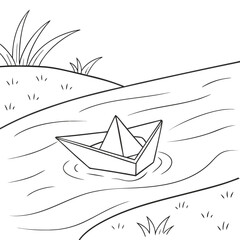Simple black and white line drawing of a paper boat floating gently on a calm body of water with grassy banks