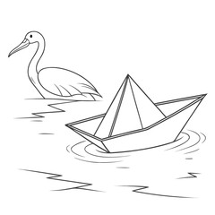 Simple outline drawing of a paper boat floating on water with a bird standing nearby in a calm natural environment